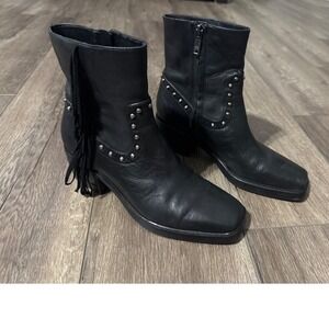 Sam Edelman Bernie Fringe Ankle Booties Black Leather‎ Size 7